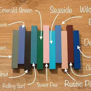 May include: A set of ten paint samples, each a different color, arranged in a row on a wooden surface. The colors are: Sage Green, Blue Hyacinth, Dark Walnut, Rolling Surf, Emerald Green, Sweet Pea, Seaside, Rustic Pink, Wildflower Blue, and Deep Blue.