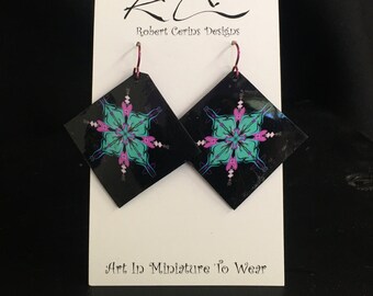 Tribal Star Square Handmade & Hand Painted Earrings, Hypoallergenic Niobium Ear Wires, Guaranteed Comfortable Or Your Money Back Lightweight