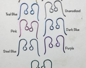 Niobium Ear Wires, Regular Loop Nine Colors UnAndoized Yellow Green Dk. Blue Light Blue Teal Blue Purple Pink Bronze Hypoallergenic Comfort