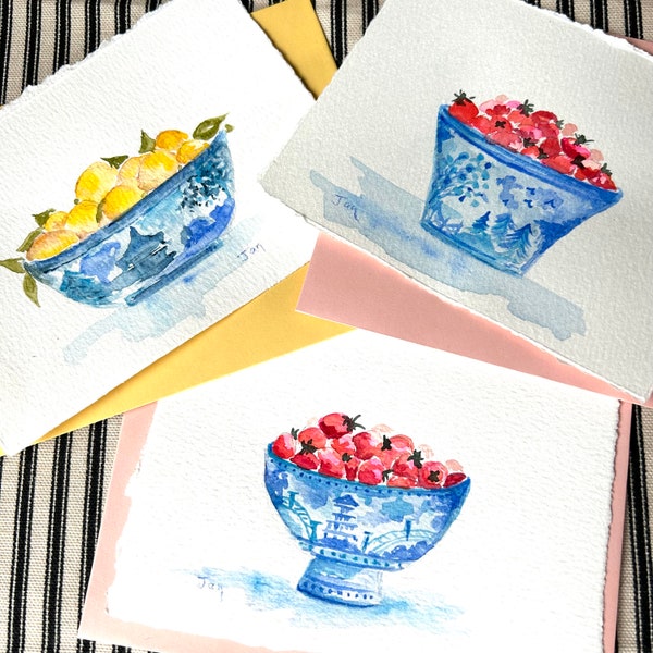 Original Watercolor miniature painting, blue and white bowl with lemons and strawberries