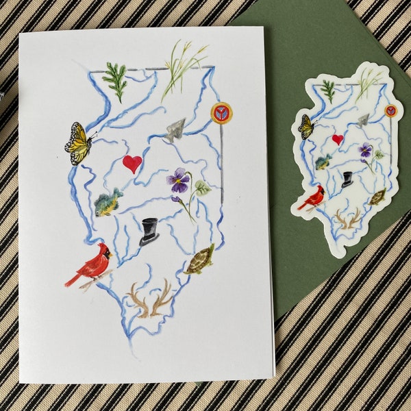 Watercolor Notecard Set,  State of Illinois with symbols and matching waterproof vinyl sticker.