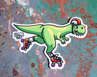 Roller Skating T-Rex Dinosaur Vinyl Sticker | Waterproof/ UV protected | Roller derby Sticker | Roller Skating Accessories | Dino lover