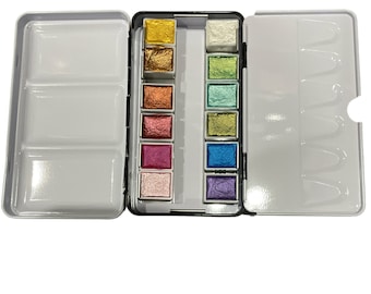 Artist Handmade Iridescent, metallic Gorgeous watercolor paints in a set of 12 half pans , metal tin ,Free water brushes, brilliant colors.