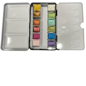 Artist Handmade Iridescent, metallic Gorgeous watercolor paints in a set of 12 half pans , metal tin ,Free water brushes, brilliant colors.