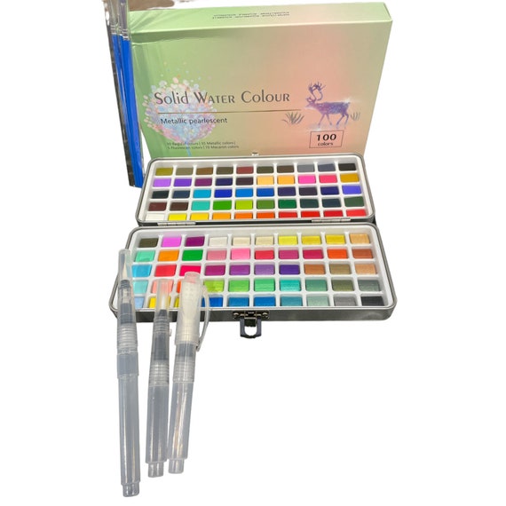 Metallic Watercolor Paints, 24-Color Watercolor Paint,Set of 24 Glitter  Colors and 24 Empty Pans,Walnut wood Case Solid Watercolor Paint Set for