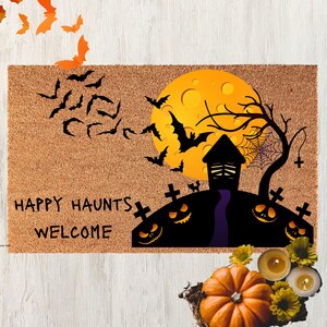 Happy Haunts Welcome Halloween doormat, Haunted House Mat, Halloween decor, Bat door decor, funny doormat, Halloween Pumpkin Welcome Mat