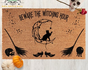 Beware The Witching Hour Coir Doormat, Gothic Halloween Decor