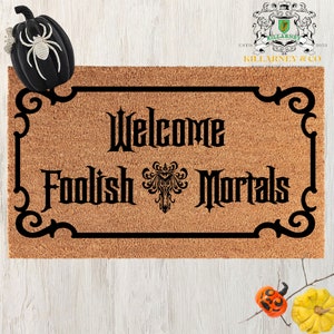 Disney doormat, Welcome Foolish Mortals Doormat- Haunted Mansion Doormat-  Hat Box Ghost-  Haunted Mansion Decor-Haunted mat,