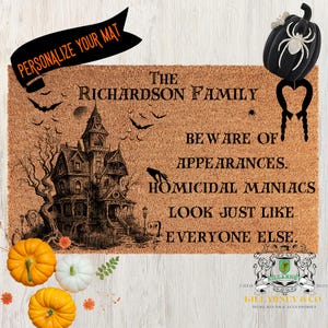 Personalized Addams Family inspired Doormat, Maniacs Mat, Halloween Doormat, Addams Family Inspired Decor, Custom Mat