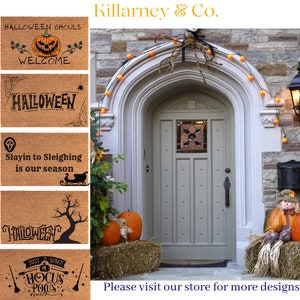 May include: A collection of Halloween-themed doormats with various designs and text, including a jack-o'-lantern, spiderwebs, and the words "Halloween" and "Welcome." The mats are brown with black graphics.