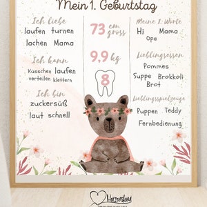 Tabellone fondamentale per il 1° compleanno, lavagna, poster di compleanno, orso, animali della foresta, fiori dolci ad acquerello
