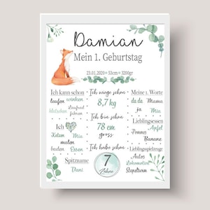 Tabellone fondamentale per il primo compleanno, lavagna, poster di compleanno, menta, animali, volpe