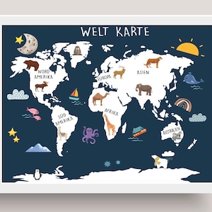 Kinderzimmer Wandbild Safari wilde Tiere welt Karte Dekoration Poster