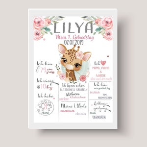 Tabellone cardine per il 1° compleanno, poster di compleanno, festa di compleanno rosa, ragazza cerbiatto