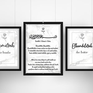 May include: Three framed prints with a white marble background and black text. The left print says "Bismillah ile basla" with a black rose illustration. The middle print says "Elhamdulillah" with a black rose illustration. The right print says "Elhamdulillah ile bitir" with a black rose illustration.