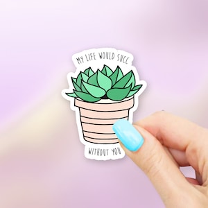 May include: A sticker with a green succulent plant in a pink pot. The text on the sticker reads "My life would succ without you."
