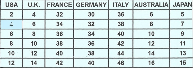 Pode incluir: Uma tabela de convers&atilde;o de tamanhos para roupas nos Estados Unidos, Reino Unido, Fran&ccedil;a, Alemanha, It&aacute;lia, Austr&aacute;lia e Jap&atilde;o. A tabela mostra os tamanhos correspondentes para cada pa&iacute;s.