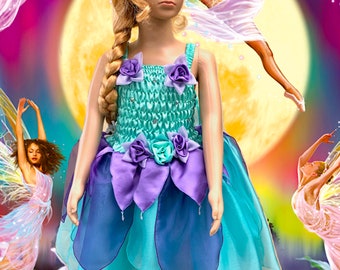 Girls Fairy Dress Costume Kids Fairy Dress Mint Petal & Free Matching Headpiece