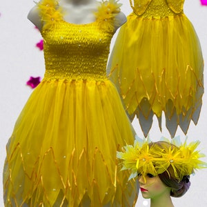 Adult Fairy Dress Costume Women's Fairy Costume With Wings Fairy Costume Fairy Wings Yellow Fairy Dress Costume & Free Fairy Garland SIZE:1