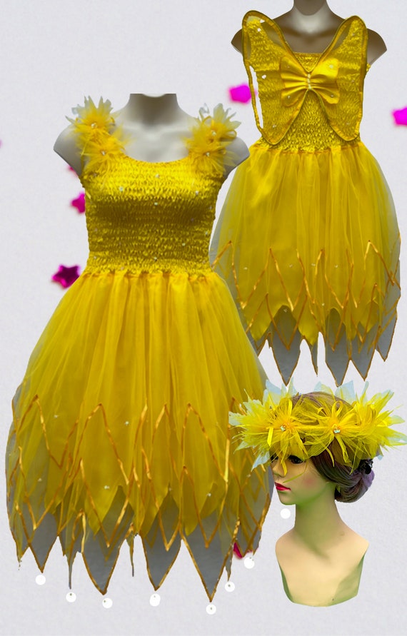 Adult Fairy Dress Costume Women's Fairy Costume With Wings Fairy Costume Fairy Wings Yellow Fairy Dress Costume & Free Fairy Garland SIZE:1