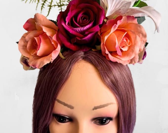 Krista-lee Designs Floral Rose and Lillie Headband Peach Crimson and White Floral Crown Bridal Festival and Fairy Hair Accessory Photography