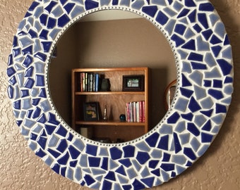 Blue Ceramic Tile Mosaic Wall Mirror, Blue Mosaic Wall Mirror, 12 inch Wall Mirror