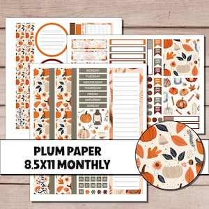 May include: A set of 8.5x11 inch planner sticker sheets featuring autumn themes with pumpkins, leaves, and lanterns. The sheets include labels for days of the week, monthly calendars, and decorative patterns in orange, brown, and cream colors.