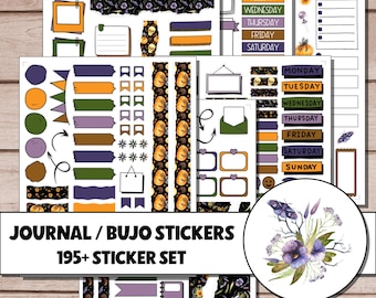 May include: A collection of journal and bullet journal stickers with a Halloween theme. The stickers include pumpkins, skulls, and floral designs in orange, purple, and black. The set includes labels, banners, and decorative elements. The text on the image reads "JOURNAL / BUJO STICKERS 195+ STICKER SET."