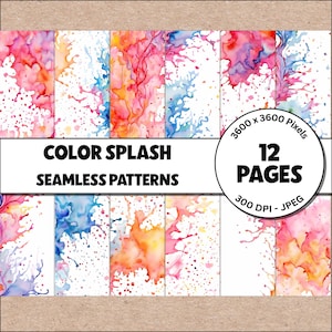May include: Twelve seamless watercolor patterns featuring colorful splashes of pink, blue, yellow, and orange on a white background. The patterns are 3600 x 3600 pixels and 300 DPI.