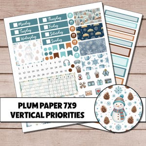 May include: Winter-themed planner stickers featuring a snowman, snowflakes, and pine cones. The text "PLUM PAPER 7X9 VERTICAL PRIORITIES" is displayed. The stickers are in shades of blue, brown, and white. The planner stickers are designed for a 7x9 inch planner.