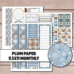 May include: A collection of planner stickers and inserts with a winter theme. The stickers feature snowflakes, ornaments, and a calendar. The text "PLUM PAPER 8.5X11 MONTHLY" is displayed. The color palette includes blue, white, and brown.