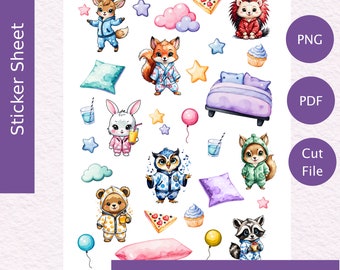 Woodland Pajama Party - Printable Sticker Sheet, Woodland Animals, Party Stickers, Scrapbooking, 30 Stickers
