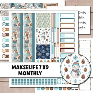 Könnte beinhalten: Ein Sticker-Set für Planer mit Winterthema. Das Set enthält Aufkleber mit einem Schneemann, Schneeflocken und Häusern in einer verschneiten Landschaft. Der Text "MAKSELIFE 7 X9 MONTHLY" ist unten im Bild zu sehen. Das Set enthält auch Aufkleber für die Tage des Monats.