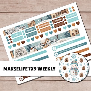 May include: A planner sticker sheet with a winter theme. The stickers include labels like "Weekly Reflections" and "Weekly Actions", along with decorative elements such as hearts, houses, and a snowman. The text "MAKSELIFE 7X9 WEEKLY" is also visible.
