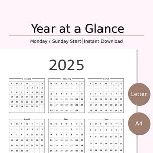Resumen del año - 2025 / Carta o A4 / Inicio en lunes o domingo - Descarga instantánea - 12 meses - Calendario anual - PDF - Estilo simple