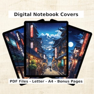 May include: Digital notebook covers featuring a nighttime cityscape with a full moon and traditional Japanese architecture. The covers are available in PDF format for letter and A4 sizes. Bonus pages are included.
