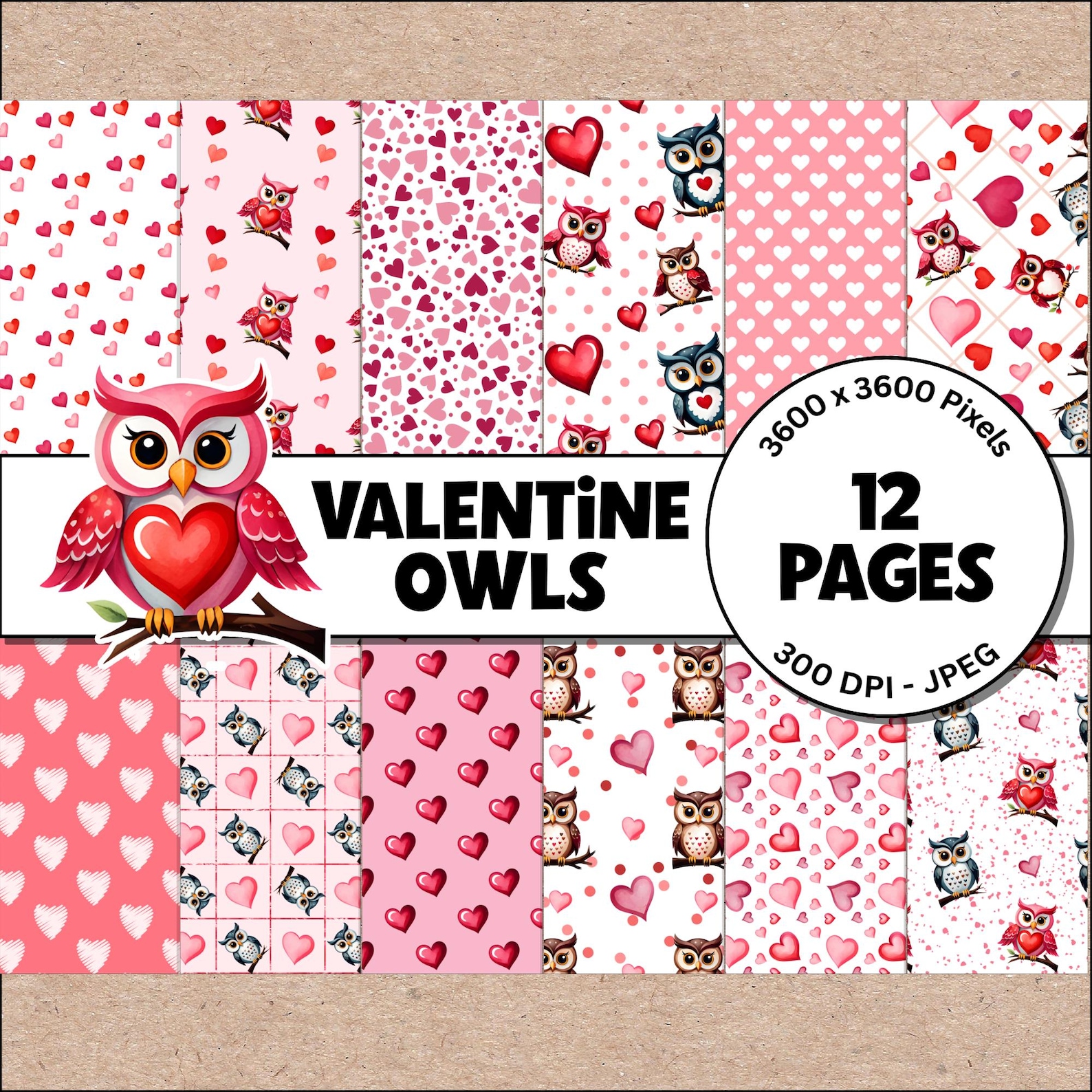 Valentine Owls 12x12 Printable Seamless Pattern Digital Scrapbook Craft ...