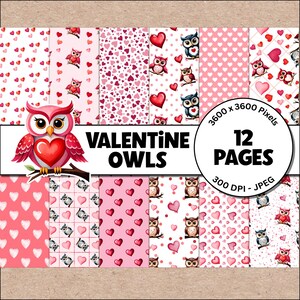Hiboux de la Saint-Valentin, modèle sans couture imprimable, scrapbooking numérique, papier artisanal, usage commercial, 12 x 12