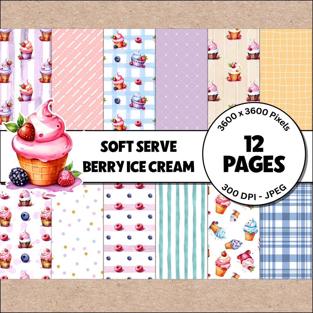 Soft Serve Berry Ice Cream 12x12 Printable Seamless Pattern Digital ...