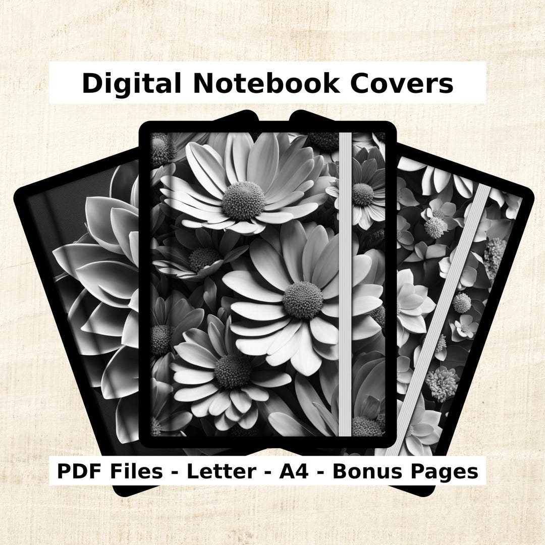 Black and White Flowers - Digital Notebook Covers - Set of 8 - Letter ...