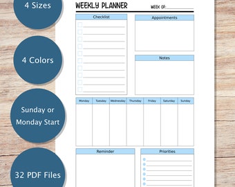 Weekly Planner Printable Checklist Style - Letter, A4, A5 and Half Letter Sizes - 4 Colors - Sunday or Monday Start