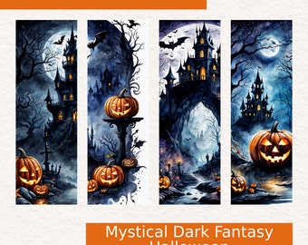 Mystical Dark Fantasy Watercolor Halloween - Printable Bookmarks (2x6) Instant Download (4 Bookmark Set)