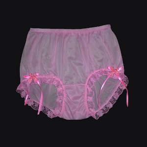 Panties for Men – Sissy Pink Sheer Nylon Briefs with Lace Trim & Bows | High-Waisted Frilly Handmade Lingerie | Plus Size Underwear