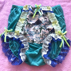 Panties for Sissy – Tropical Print Nylon Briefs – Blue Lace & Green Ribbon – Handmade Full-Cut High-Waisted Lingerie Men Women Plus Size