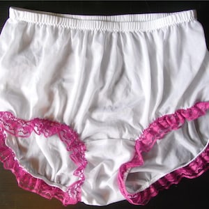 Panties for Sissy – New White Sheer Nylon Briefs with Tiny Pink Lace – High-Waisted Handmade Lingerie Pinup Plus Size for Men and Women