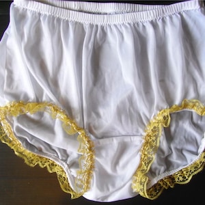 Panties for Sissy – New White Sheer Nylon Briefs with Tiny Yellow Lace – High-Waisted Handmade Lingerie Plus Size for Men and Women