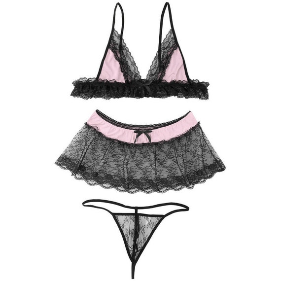 Sissy Men Underwear Lace Satin Crossdress Lingerie Set Skirt Bralette Nightwear