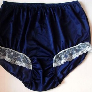 Panties for Sissy – New Navy Blue Sheer Nylon Briefs with half Floral Lace – High-Waisted Handmade Lingerie Plus Size for Men and Women