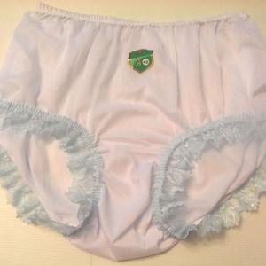 Panties for Sissy – New White Sheer Nylon Briefs with Blue Lace – High-Waisted Handmade Lingerie Plus Size for Men and Women