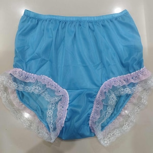 Panties for Sissy – Light Blue Sheer Nylon Briefs with Double Floral Lace – High-Waisted Handmade Pinup Lingerie Plus Size for Men and Women